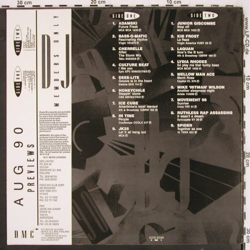 V.A.DMC August 90 - Previews: Adamski, Bass-O-Matic.. Spider, DMC (DMC 91/3), UK, 1990 Typ: LP Best.-Nr.: V3419 Preis: 9,00 Euro