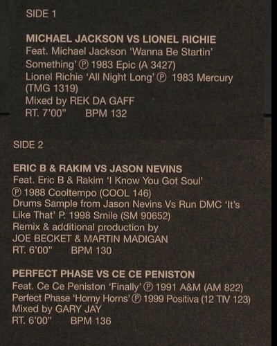V.A.Hit Mixes 207: M.Jackson L.Richie,Eric B.,Perf.Pha, DMC (DMC 207.3), UK, 1999 Typ: 12" Best.-Nr.: V3510 Preis: 12,50 Euro