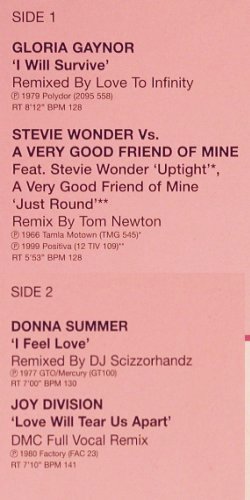 V.A.Hit Mixes 198/3: Gloria Gaynor,StWonder,D.Summer,Joy, DMC (DMC 198/3), UK, 1999 Typ: 12" Best.-Nr.: V3515 Preis: 12,50 Euro