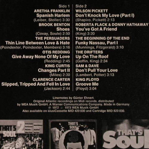 V.A.That's Soul 2: Aretha Franklin... King Floyd,12Tr., Midi (MID 20 030), D, Ri, 1972 Typ: LP Best.-Nr.: V886 Preis: 7,50 Euro