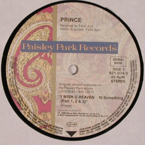 Prince: I Wish U Heaven/CamilleScarletPussy, Paisley Park (921 074-0), D, 1988 Typ: 12" Best.-Nr.: V956 Preis: 7,50 Euro