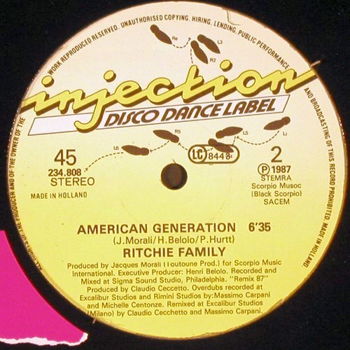 Ritchie Family: The Best Disco in Town,rmx 87/AmGen, Injection (234.808), NL, 1987 Typ: 12" Best.-Nr.: V974 Preis: 4,00 Euro