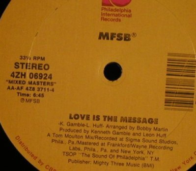 MFSB: Love Is The Message / TSOP,FLC, Philadelphia (4ZH 06924), US,33rpm Typ: 12" Best.-Nr.: X5250 Preis: 5,00 Euro