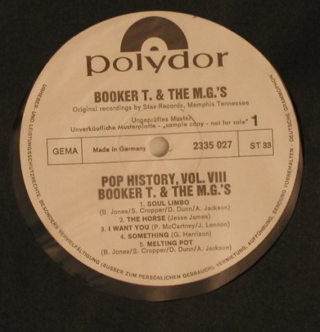 Booker T. & The MG's: Pop History Vol. 8,NoCover,1 LP of2, Polydor Musterplatte (2335 027), D(JB), 1970 Typ: LP Best.-Nr.: X6899 Preis: 25,00 Euro