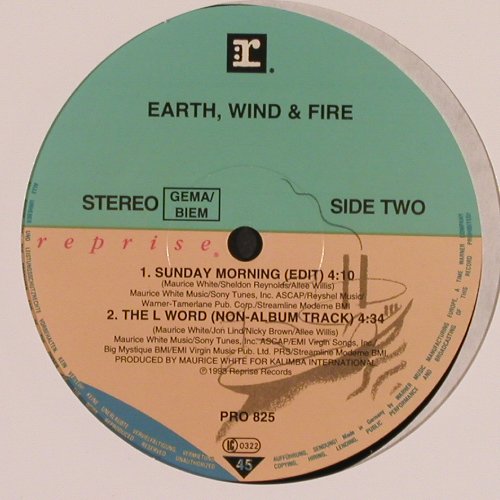 Earth,Wind & Fire: Sunday Morning *2 / The L World, LC, Reprise (PRO825), D, Promo, 1993 Typ: 12" Best.-Nr.: X9325 Preis: 3,00 Euro