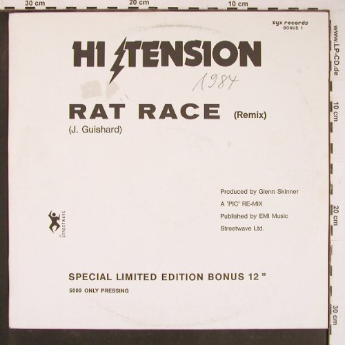 Hi-Tension: Rat Race(re) +sp.lim.ed., one sided, ZYX (Bonus 1), D, m-/vg+, 1984 Typ: 12" Best.-Nr.: Y1077 Preis: 4,00 Euro