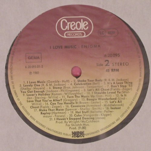 Enigma: I Love Music, 2*20 Tr. Mix, Creole(6.20095 AE), D, 1981 - 12inch - Y1346 - 5,00 Euro