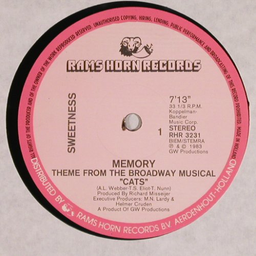 Sweetness: Memory*2, Theme from Cats, instr., Ramshorn(3231), NL, 1983 - 12inch - Y2982 - 4,00 Euro