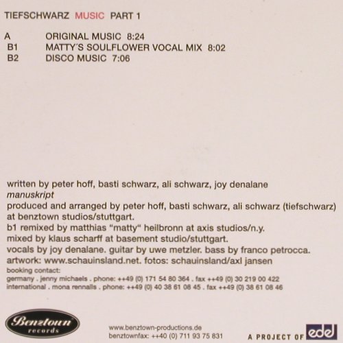 Tiefschwarz: Music Part 1, Benztown (0111110BTN), D, 1999 Typ: 12" Best.-Nr.: Y4621 Preis: 4,00 Euro