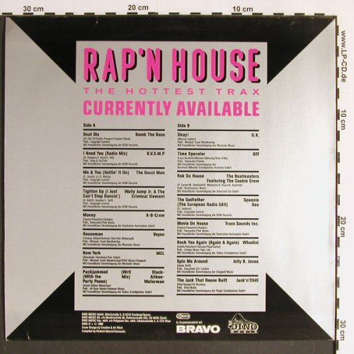 V.A.Rap'n House: The Hottest Trax,Bomb the Bass..., Dino/Bravo (1711), D, 1988 Typ: LP Best.-Nr.: Y6338 Preis: 5,00 Euro