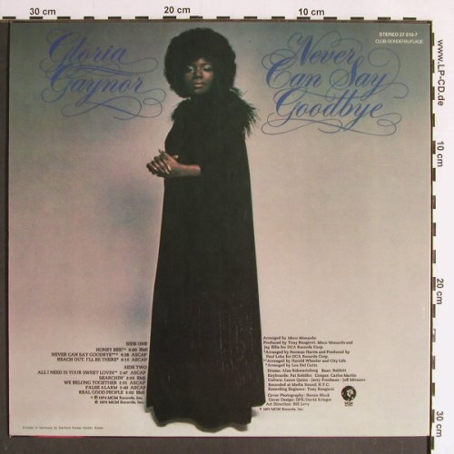 Gaynor,Gloria: Never Say Goodbye, Club Sonderaufl., MGM (27 510-7), D, 1975 Typ: LP Best.-Nr.: Y6357 Preis: 6,00 Euro
