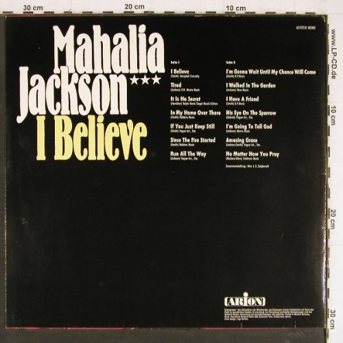 Jackson,Mahalia: I Believe, hist rec., Arion, Ri (65 9730 Mono), D, 1977 Typ: LP Best.-Nr.: Y7531 Preis: 4,00 Euro