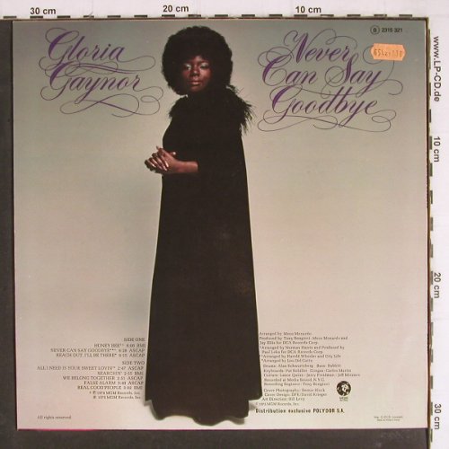 Gaynor,Gloria: Never Say Goodbye, MGM (2315 321), F, 1975 Typ: LP Best.-Nr.: Y7816 Preis: 6,00 Euro