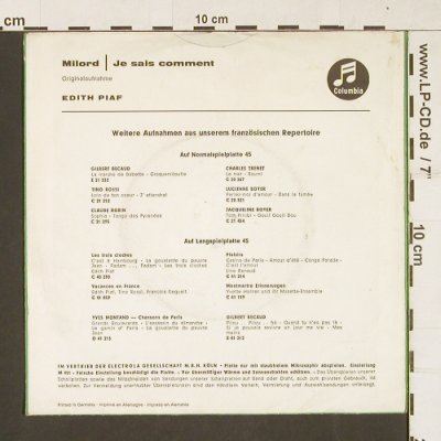 Piaf,Edith: Milord,   Only Cover, Columbia (C 21 346), D Typ: Cover Best.-Nr.: S9980 Preis: 1,00 Euro
