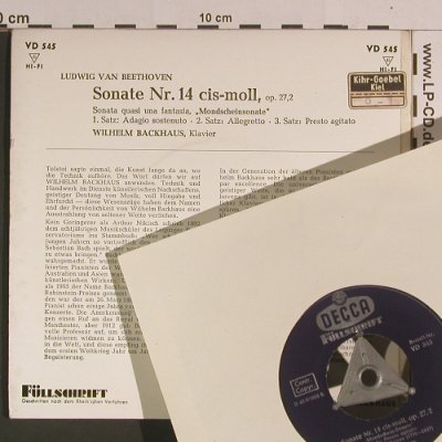 Beethoven,Ludwig van: Mondscheinsonate,Nr.14 cis-moll, Decca (VD 545), D, m-/vg- Typ: 7" Best.-Nr.: S8158 Preis: 6,00 Euro