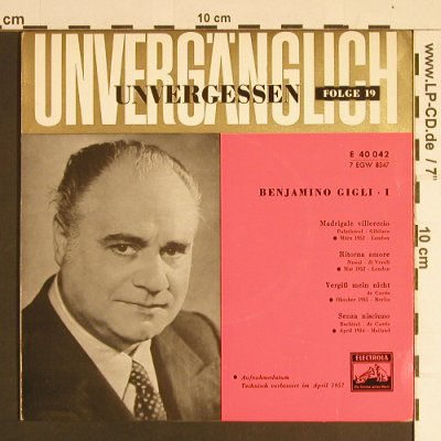 Gigli,Benjamino: Unvergessen Folge 19, Electrola (40 042), D Typ: EP Best.-Nr.: S8442 Preis: 2,50 Euro