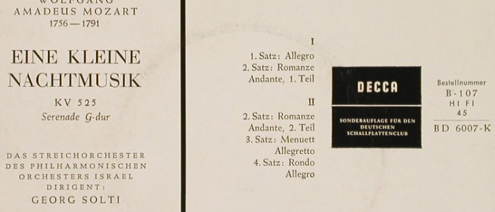 Mozart,Wolfgang Amadeus: Eine kleine Nachtmusik,KV 525, Decca / DSC (B-107/BD 6007 K), D Typ: 7" Best.-Nr.: S9650 Preis: 4,00 Euro