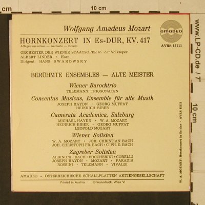 Mozart,Wolfgang Amadeus: Hornkonzert in es-dur, KV.417, Amadeo (AVRS 15 111), A Typ: 7" Best.-Nr.: T1919 Preis: 3,00 Euro