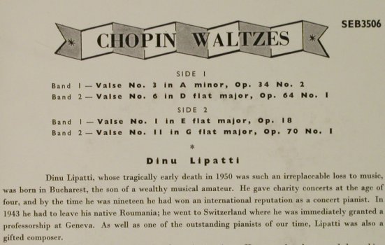 Chopin,Frederik: Chopin Waltzes -Dinu Lipatti, Columbia,stol(SEB 3506), UK,vg+/m-,  - EP - T1980 - 3,00 Euro