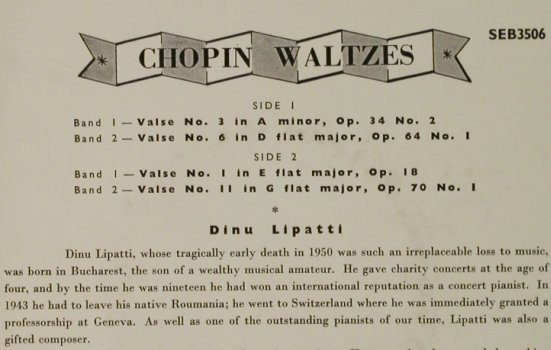 Chopin,Frederik: Chopin Waltzes -Dinu Lipatti, Columbia,stol (SEB 3506), UK,vg+/m- Typ: EP Best.-Nr.: T1980 Preis: 3,00 Euro