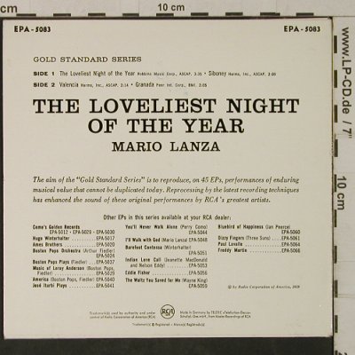 Lanza,Mario: The Loveliest Night of the Year, RCA-ONLY EP Sleeve(EPA-5083), UK, 1959 - Cover - T2072 - 2,00 Euro