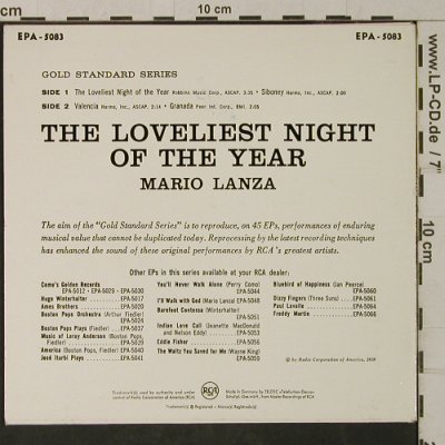 Lanza,Mario: The Loveliest Night of the Year, RCA-ONLY EP Sleeve (EPA-5083), UK, 1959 Typ: Cover Best.-Nr.: T2072 Preis: 2,00 Euro