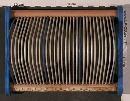 Single-Ständer klein: für 30 Singles, 21cm x 16,5 x 11,5, Beco, blau/weiß/Holz,  Typ: Zubeh Best.-Nr.: Z131 Preis: 10,00 Euro