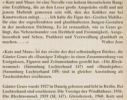 Grass,Günter: Katz und Maus - Danziger Trilogie 2, Sammlung Luchterhand(3-472-61148-0), D, 1974 - TB - 40063 - 2,00 Euro