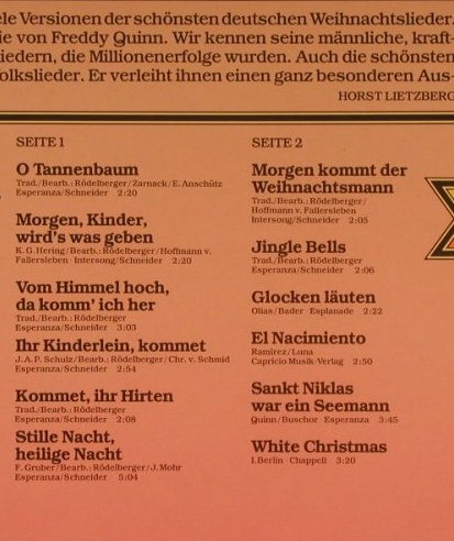 Quinn,Freddy: Die schönsten Weihnachtslieder, Karussell(2872 275), D, Ri, 1972 - LP - F6006 - 4,00 Euro
