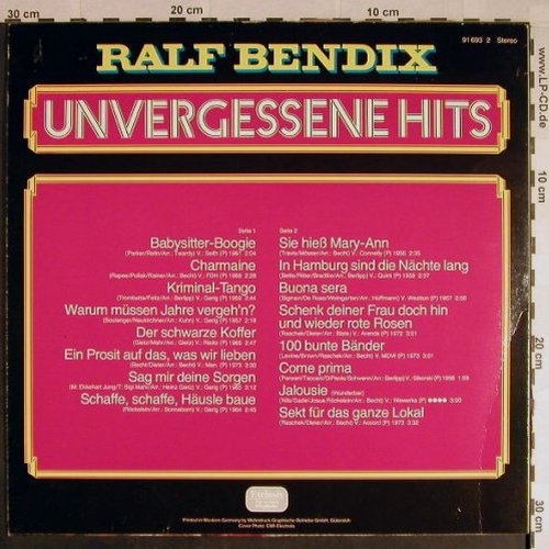 Bendix,Ralf: Unvergessene Hits, m-/vg+, stol, EMI(91 693 2), D, Club Ed,  - LP - H228 - 4,00 Euro