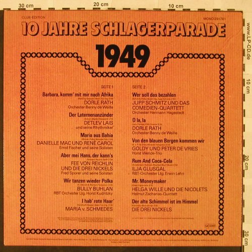 V.A.Schlagerparade-10Jahre-1941-50: 1949-Dorle Rath...Die Drei Nickels, Polydor,Club Ed.(29 178 1), D, Mono,  - LP - H4947 - 4,00 Euro