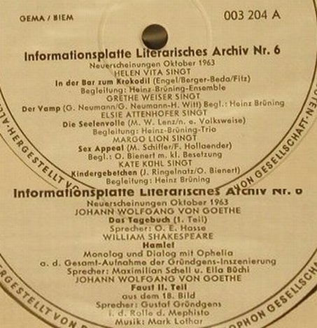 V.A.Informationsplatte Lit.Archiv 6: Neuerscheinungen Okt. 1963, D.Gr. ,whMuster(003 204), D, 1963 - 10inch - H9161 - 3,00 Euro