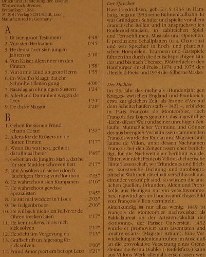 Friedrichsen,Uwe/Fr.Hans Schaefer: Wenn du wat hest,n.Francoise Villon, Verlag Schuster(S30-0038), D, Foc, 1981 - LP - H9518 - 9,00 Euro