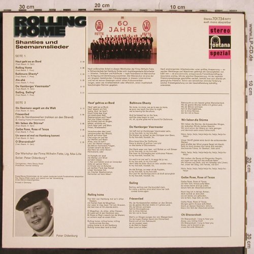 Werkchor Firma W.Fette: Rolling Home,Solist:Peter Oldenburg, Fontana (701 734 WPY), D Typ: LP Best.-Nr.: V134 Preis: 6,00 Euro