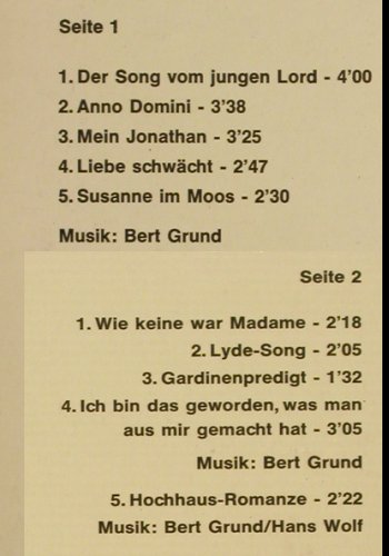 Schieder,Illo / Orch.Bert Grund: Unerhörte Chansons,v FritzGrasshoff, MFP (15 108), D, 1968 Typ: LP Best.-Nr.: V1592 Preis: 9,00 Euro