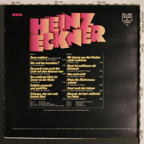 Eckner,Heinz: Stimmung Bier und Bums Valdera!, RCA (PFL 1-4099), D, 1975 Typ: LP Best.-Nr.: V1698 Preis: 5,00 Euro