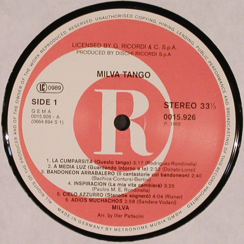 Milva: Tango (1968), Metronome (MLP 15.926), D, Ri Typ: LP Best.-Nr.: V2962 Preis: 6,00 Euro