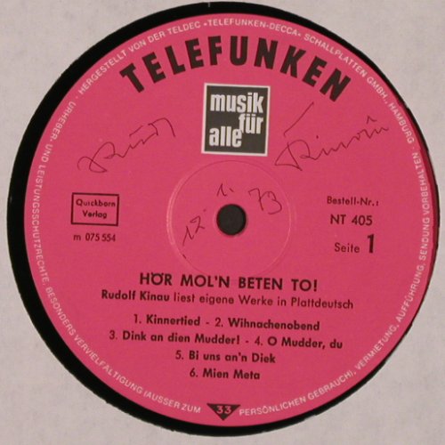 Kinau,Rudolf: Hör Mal'n Beten To, Label signiert, Telefunken (NT 405), D, vg+/m- Typ: LP Best.-Nr.: V3012 Preis: 9,00 Euro