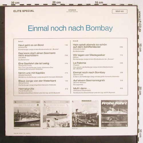 V.A.Einmal noch nach Bombay: Hamburger Jungs.. Nord.Blasorch., Elite Special (SOLP-451), D Typ: LP Best.-Nr.: V3051 Preis: 7,50 Euro