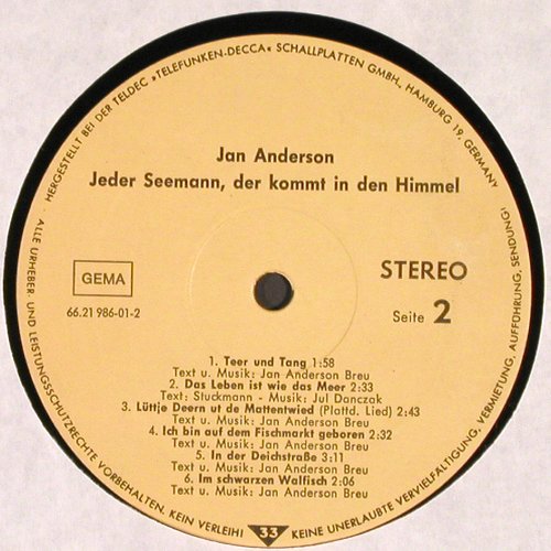 Anderson,Jan: Jeder Seemann, der kommt i.d.Himmel, Teldec, m /-- (66.21 986-01), D,NO Cover Typ: LP Best.-Nr.: V3593 Preis: 7,50 Euro