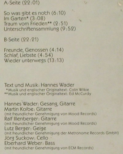 Wader,Hannes: Wieder Unterwegs, Foc, Pläne (88173), D, 1979 Typ: LP Best.-Nr.: V371 Preis: 7,50 Euro