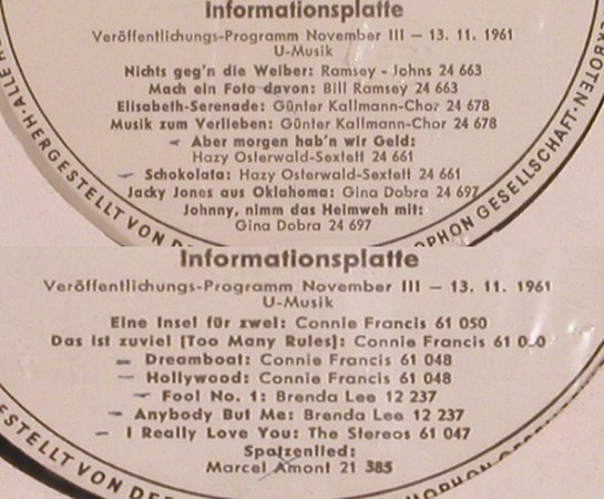 V.A.Informationsplatte Nov 61/3: Veröffentlichungsprogr. U-Musik, Polydor, wol(004 164), D,NoCover, 1961 - LP - X3503 - 7,50 Euro
