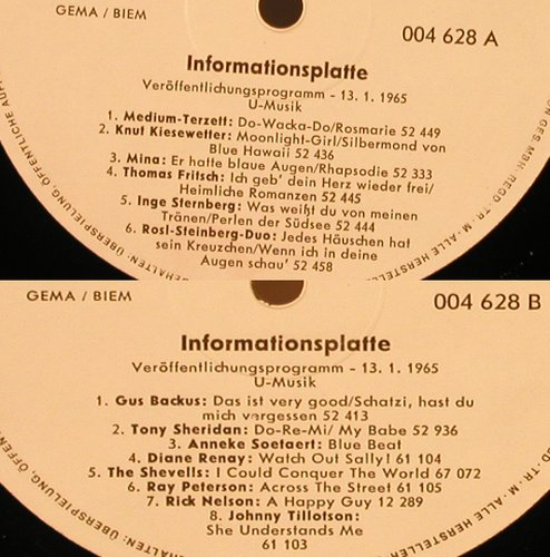 V.A.Informationsplatte 13.1.1965: Veröffentlichungsprogr. U-Musik, Polydor, vg+(004 628), D,NoCover, 1965 - LP - X5162 - 6,00 Euro