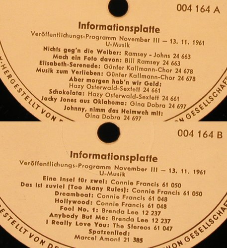 V.A.Informationsplatte Nov 61/3: Veröffentlichungsprogr. U-Musik, Polydor,vg+(004 164), D,NoCover, 1961 - LP - X5164 - 6,00 Euro
