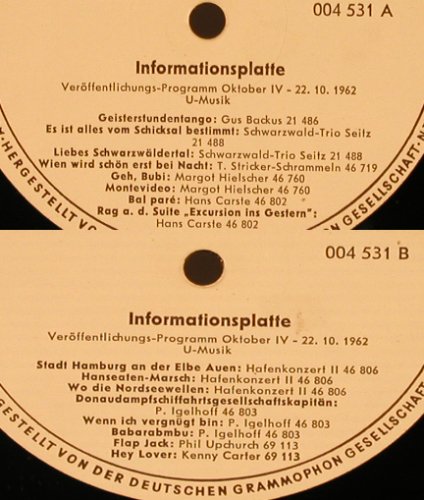 V.A.Informationsplatte Okt 62/4: Veröffentlichungsprogr. U-Musik, Polydor,vg+(004 531), D,NoCover, 1962 - LP - X5166 - 6,00 Euro