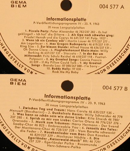 V.A.Informationsplatte Sep 63: P-Veröffentlichungsprogramm IV, Polydor,VG-(004 577), D,NoCover, 1963 - LP - X5168 - 6,00 Euro