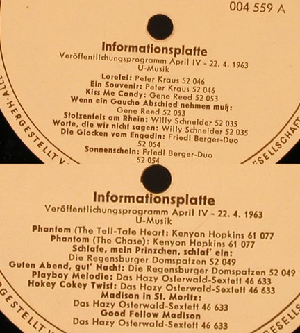 V.A.Informationsplatte April 63: Veröffentlichungsprogramm IV, Polydor,VG+(004 559), D,NoCover, 1963 - LP - X5537 - 5,00 Euro