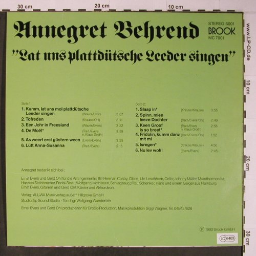 Behrend,Annegret: Lat uns plattdütsche Leeder singen, Brook(6001), D, 1980 - LP - X6158 - 7,50 Euro