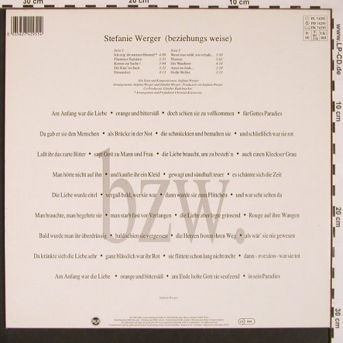 Werger,Stefanie: bzw (beziehungs weise), RCA (PL 74295), D, 1989 Typ: LP Best.-Nr.: X8570 Preis: 6,00 Euro