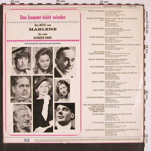 V.A.Das Kommt Nicht Wieder: Das Beste v.Marlene b.z.BlondenHans, Telefunken, Club Ed,(71 290), D, m-/vg+,  - LP - Y1202 - 9,00 Euro